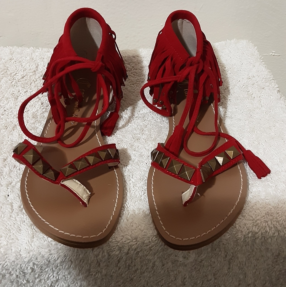 Candela ALMEX Flat Red Suede Studded Gladiator Fri